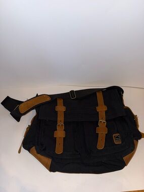 Classic Black Canvas Messenger Bag with Brown Accents